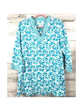 Foxcroft 10 Blue White Cotton Cover Up Coastal Beach Swim Summer